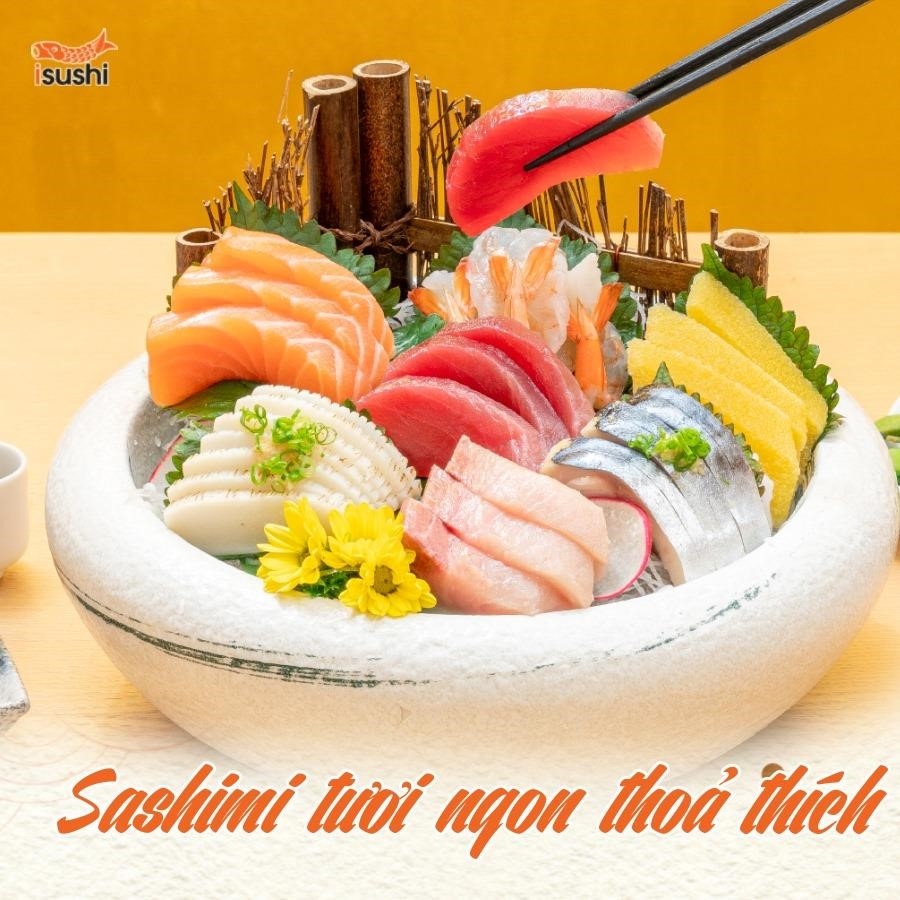 Sashimi tươi ngon, đậm vị là một món ăn truyền thống của Nhật Bản, được chế biến từ các loại hải sản tươi sống và có hương vị đặc trưng.